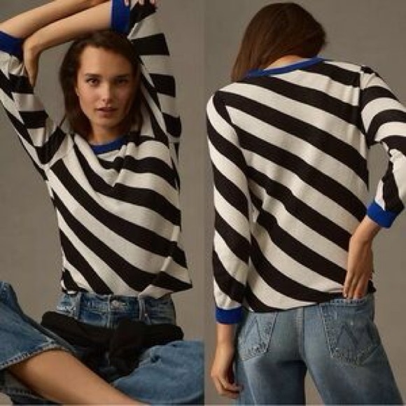 Maeve Sweaters - Maeve by Anthropologie striped pullover sweater black ivory blue trim size S